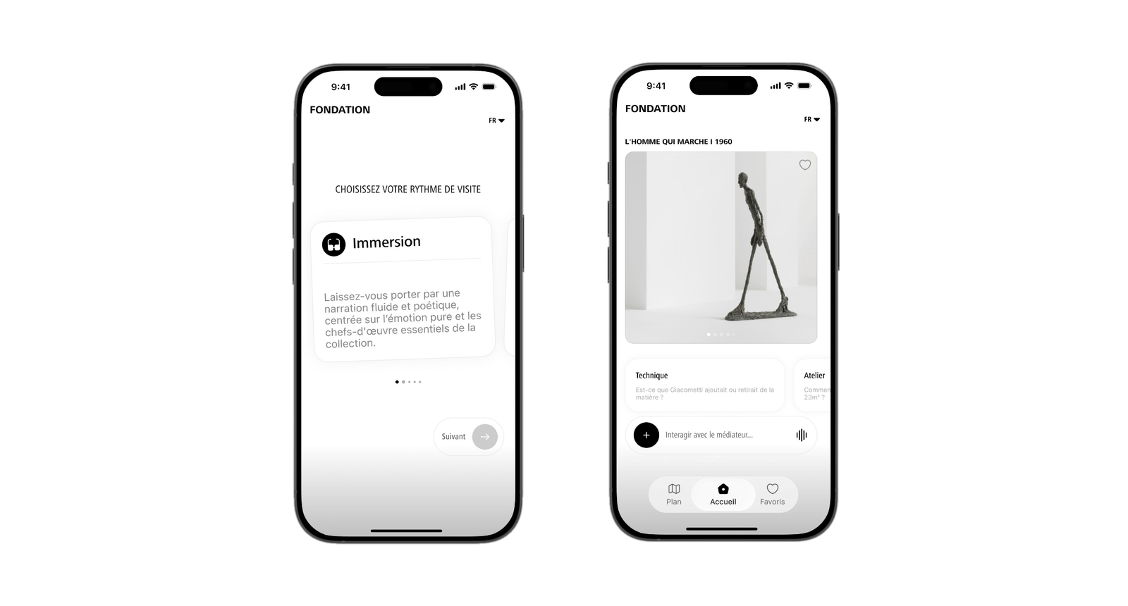Two screens of the audioguide: choosing a visit rhythm, and Walking Man I's artwork page