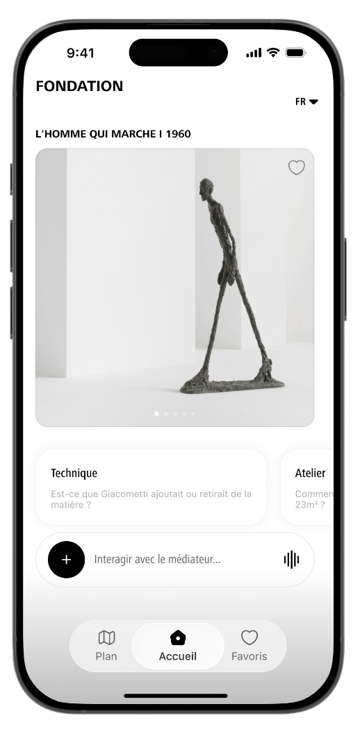 The foundation's app on a phone: Walking Man I, 1960, then the suggestion chips and the mediator bar under it.